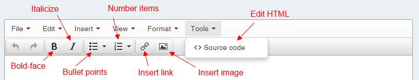 Screencap showing the rich text editor options