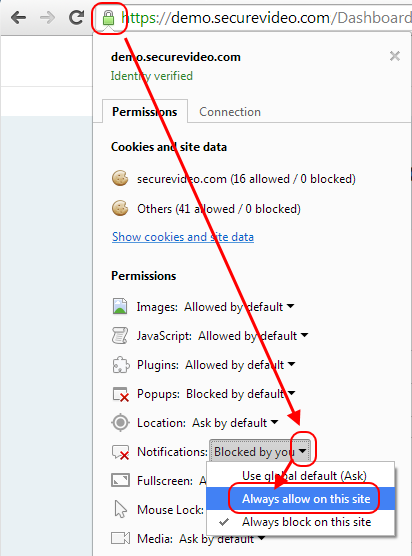 Chrome notifications option: Always allow on this site
