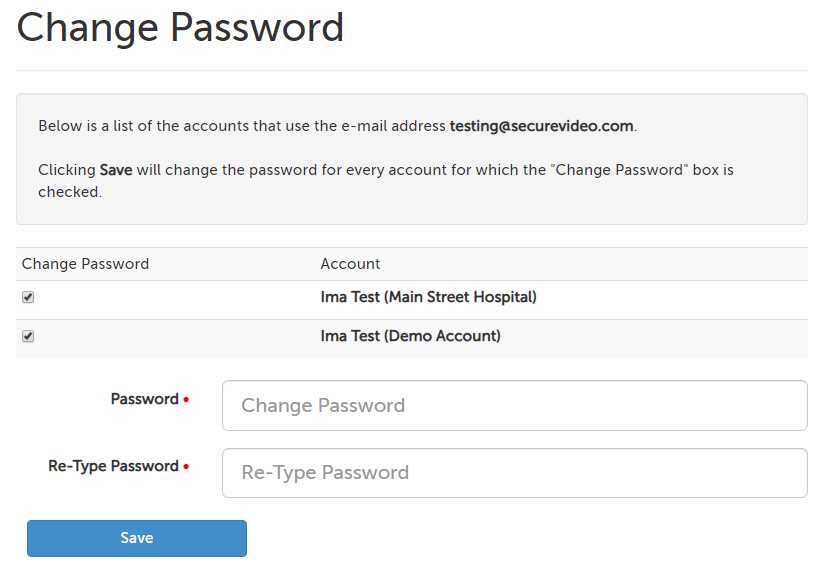 Change password page; two fields to enter the password twice.
