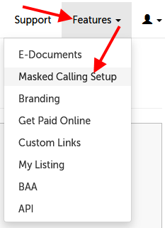 Arrow pointing to the "Features" menu and then the "Masked Calling Setup" item