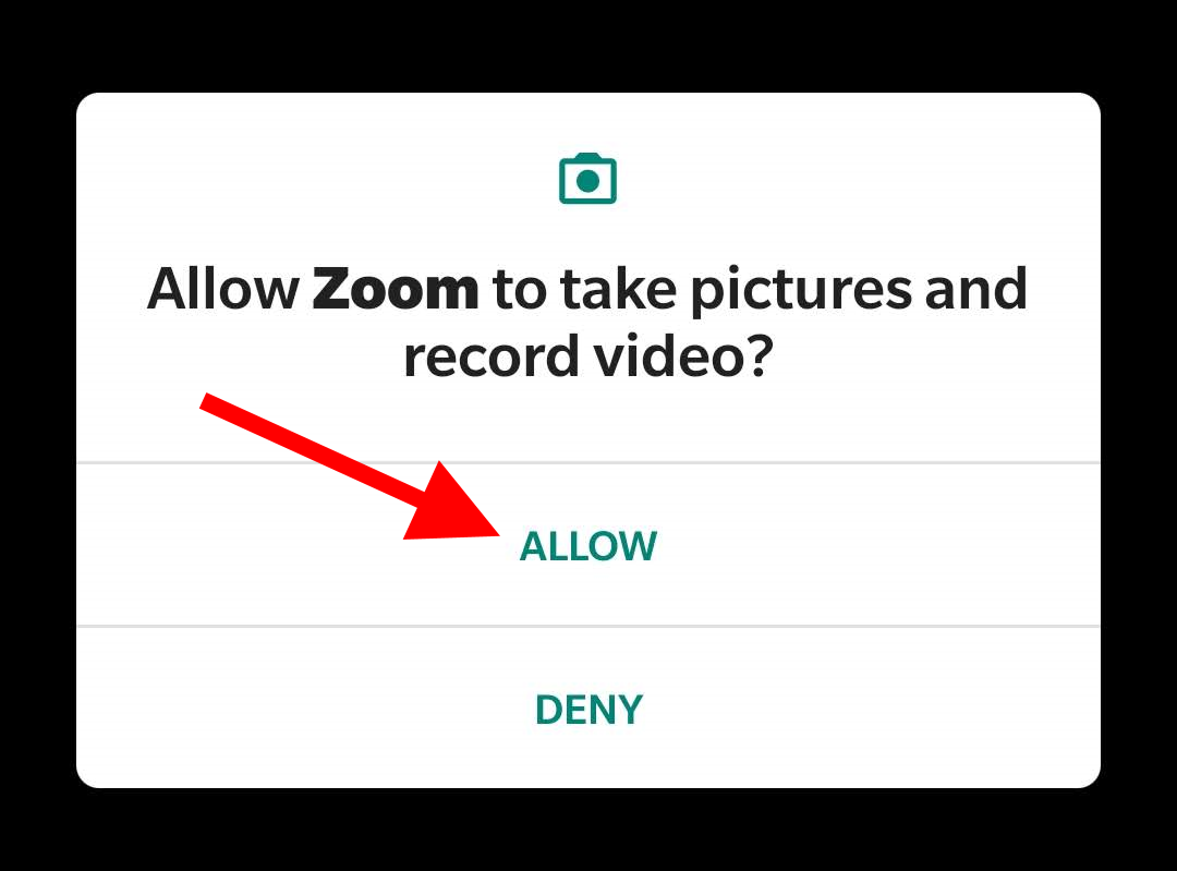 Arrow pointing toward "Allow" for the question "Allow Zoom to take pictures and record video?"