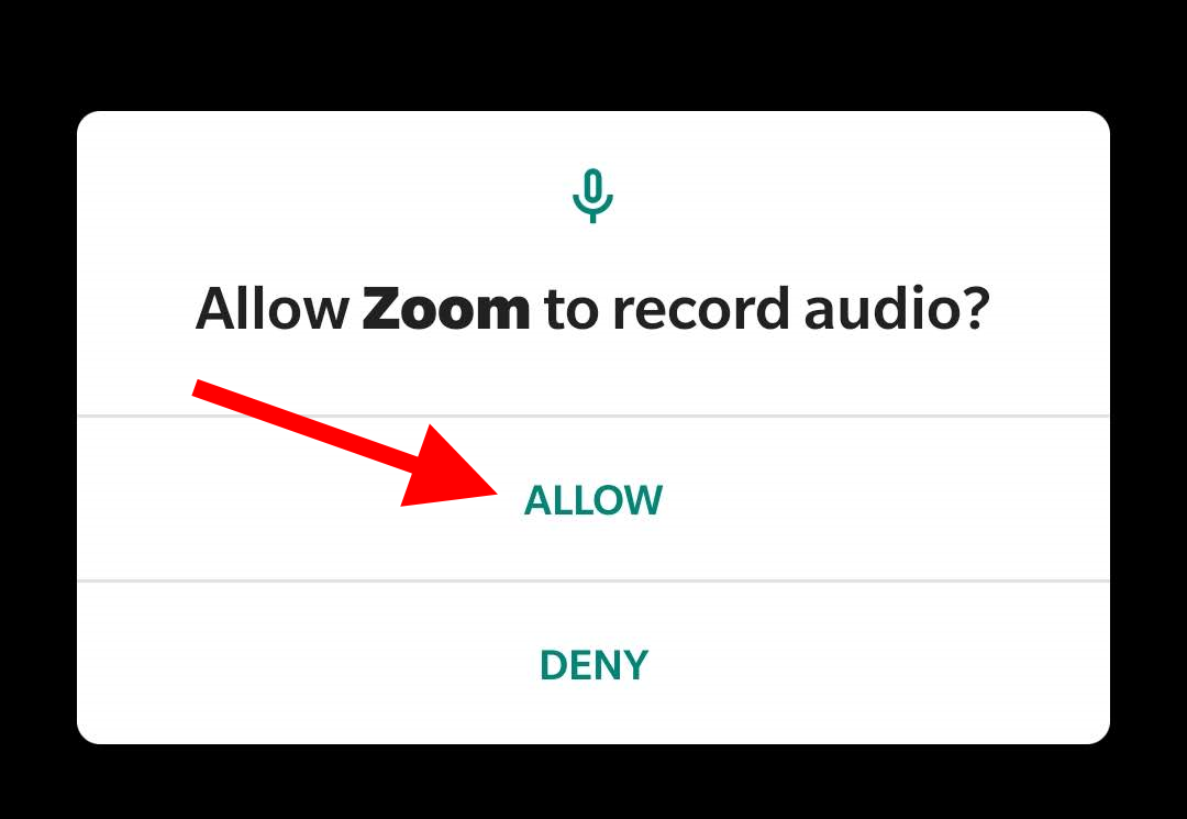 Arrow pointing at "Allow" for question "Allow Zoom to record audio?"