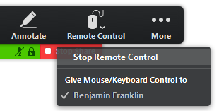 Remote Control icon with "Stop Remote Control" and name of participant