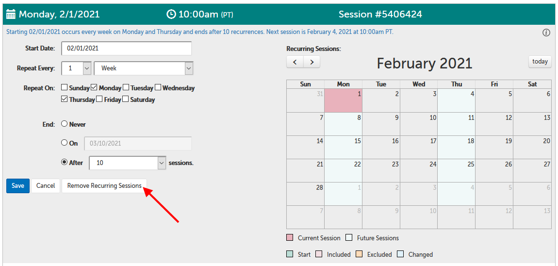 Arrow pointing at "Remove Recurring Sessions" button
