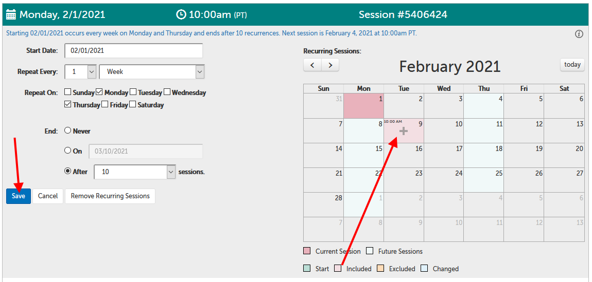 Arrow pointing at new session, and Save button